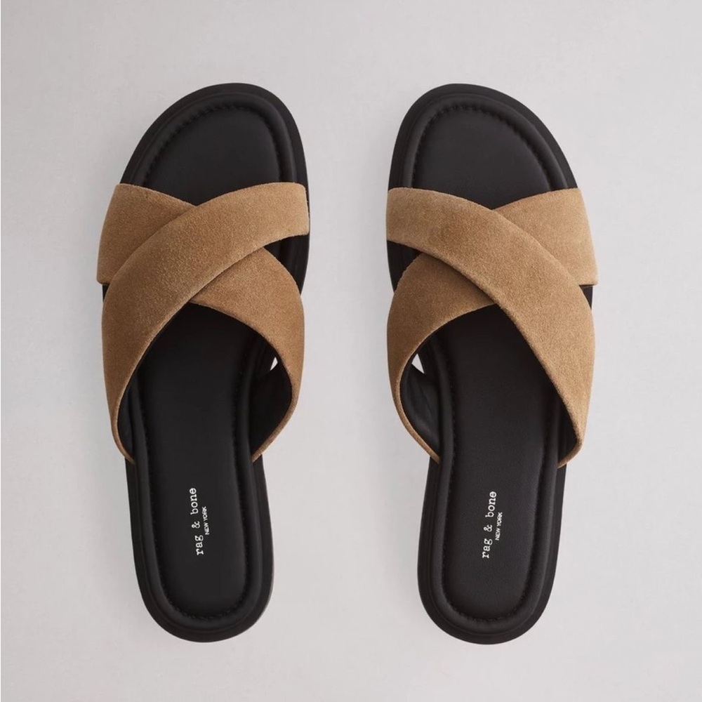 Rag and bone Women's Tan Slide suede Sandals Geo Cross Strap
